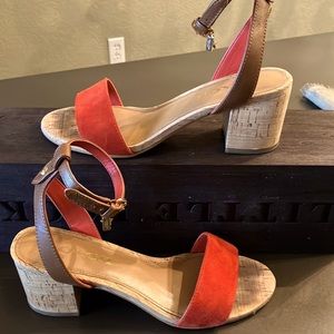 Coach. Size 6, cork heel, orange suede stewpot sandals!
